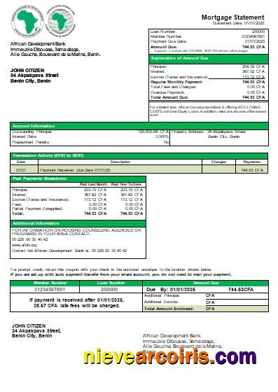 Benin African Development Bank mortgage statement
